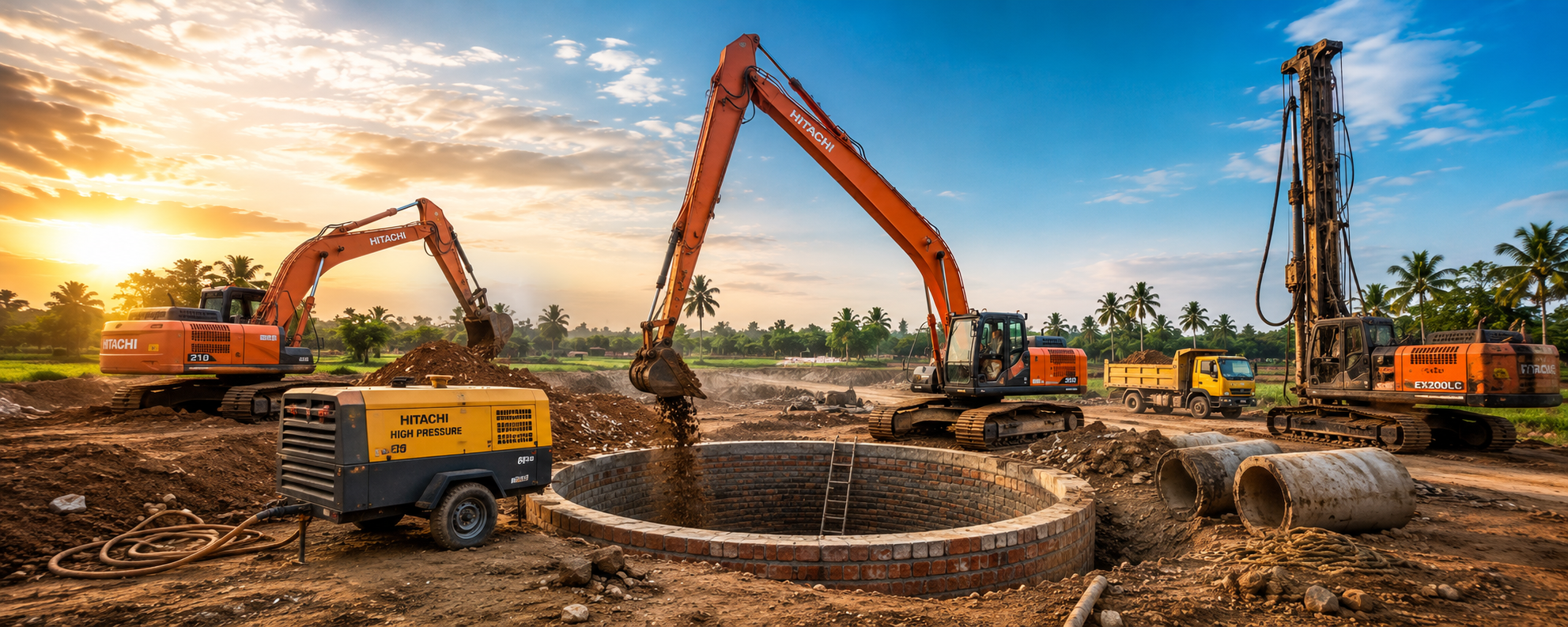 Rock breaker well contractor deepening an old open well in rocky land Tamil Nadu
